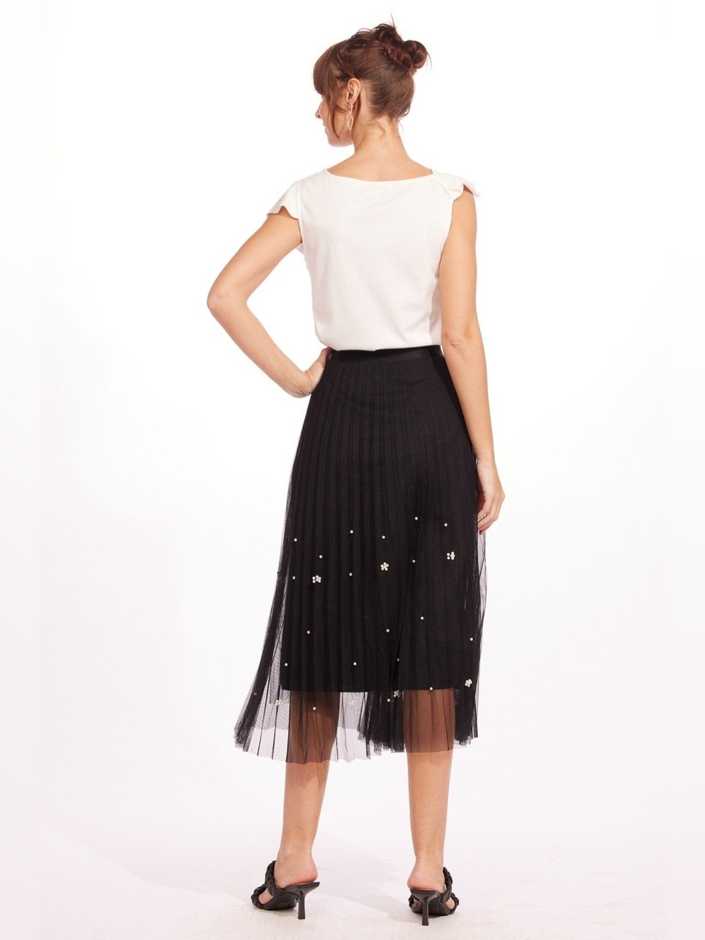 Eva Franco Pleated Mesh Tulle Black Midi Skirt Medium Whimsygoth Balletcore NWT - Picture 2 of 7